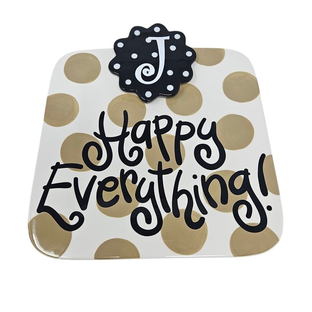 Happy Everything Coton Colors 9.25" Brown Polka Dot J Small Platter Plate